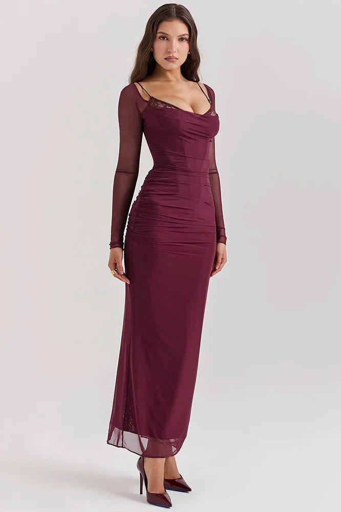 Elegant Sheer Long Sleeve Strapless Maxi Dress