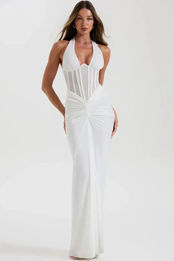 Backless V Neck Off-Shoulder Sleeveless Bodycon Maxi Dress