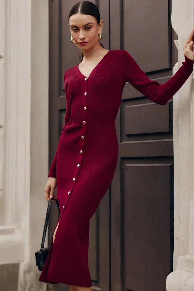 V-Neck Knit Patchwork Slim Midi Dress