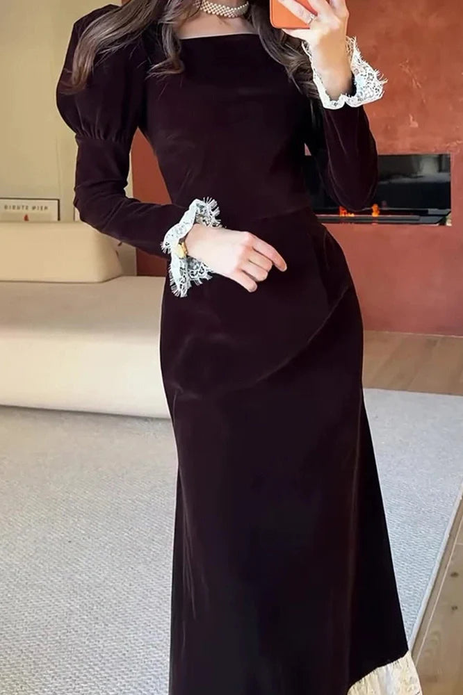 Elegant Long Sleeve High Waist Lace Maxi Dress