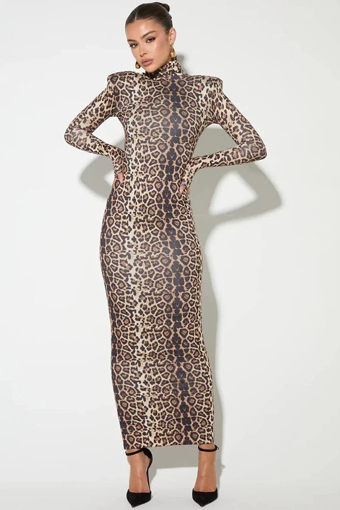 Leopard Print Long Sleeve Turtleneck Maxi Dress