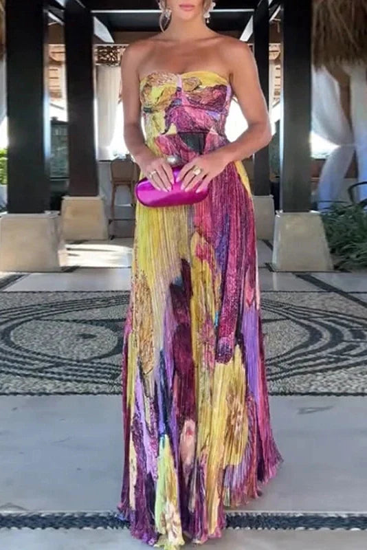 Elegant Strapless Printed Sleeveless Off Shoulder High Waist Maxi Dress