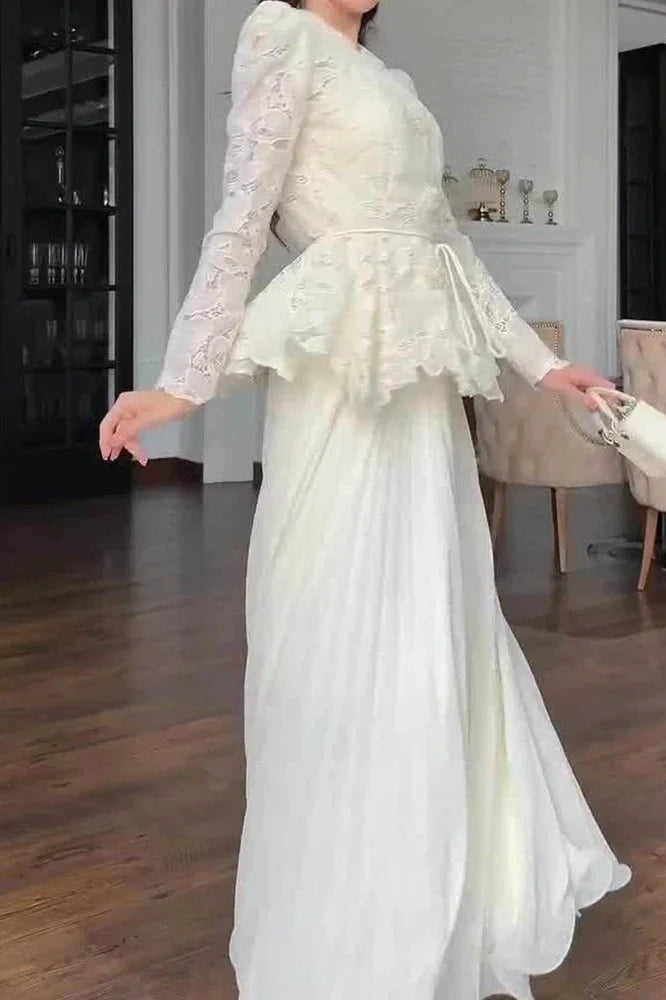 Elegant High Waist Long Sleeve Lace Embroidery Slim Maxi Dress