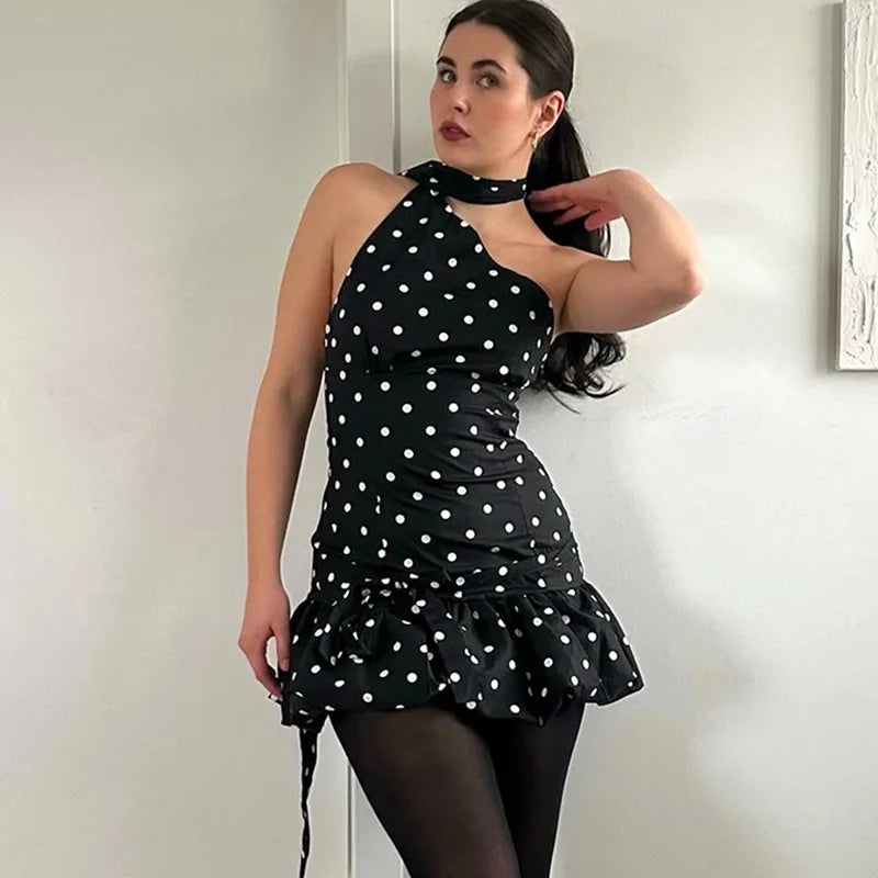 Polka Dot Scarf Ribbon Backless Sleeveless Mini Dress