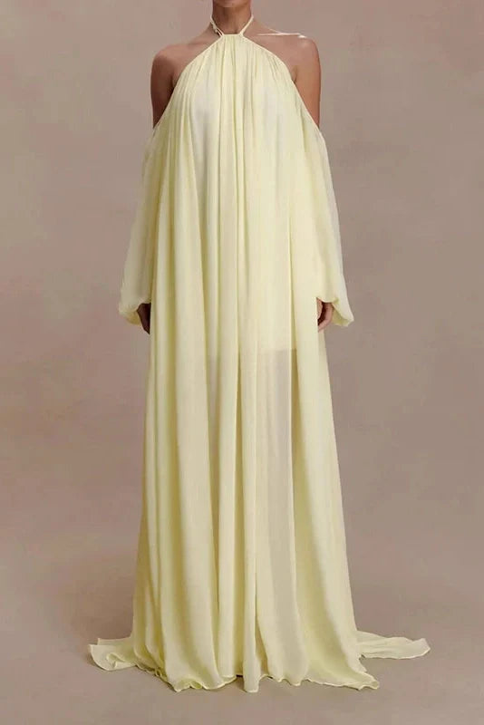 Backless Lace Up Off Shoulder Pleat Loose Maxi Dress