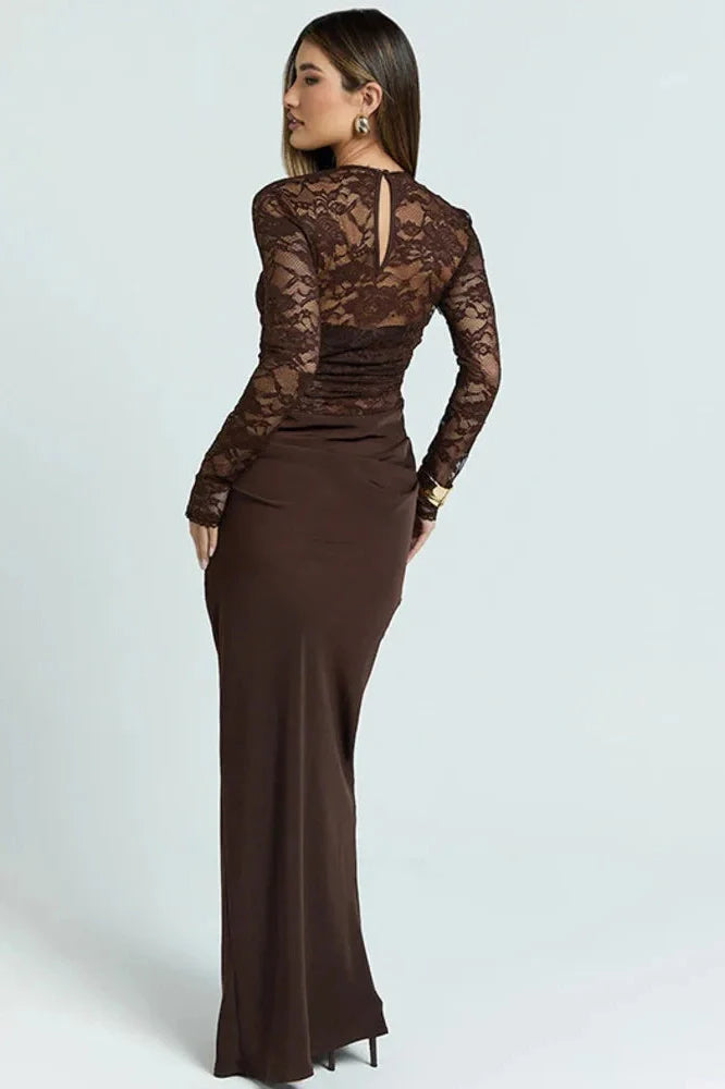 Lace Patchwork See Through Long Sleeve High Waist Maxi Dress