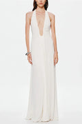 V-Neck High Waist Backless Slim Pleated Maxi Dress