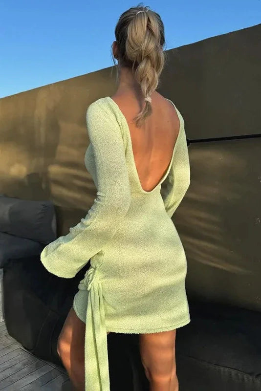 Backless Knitted Lace Up Slim Long Sleeve Irregular Mini Dress