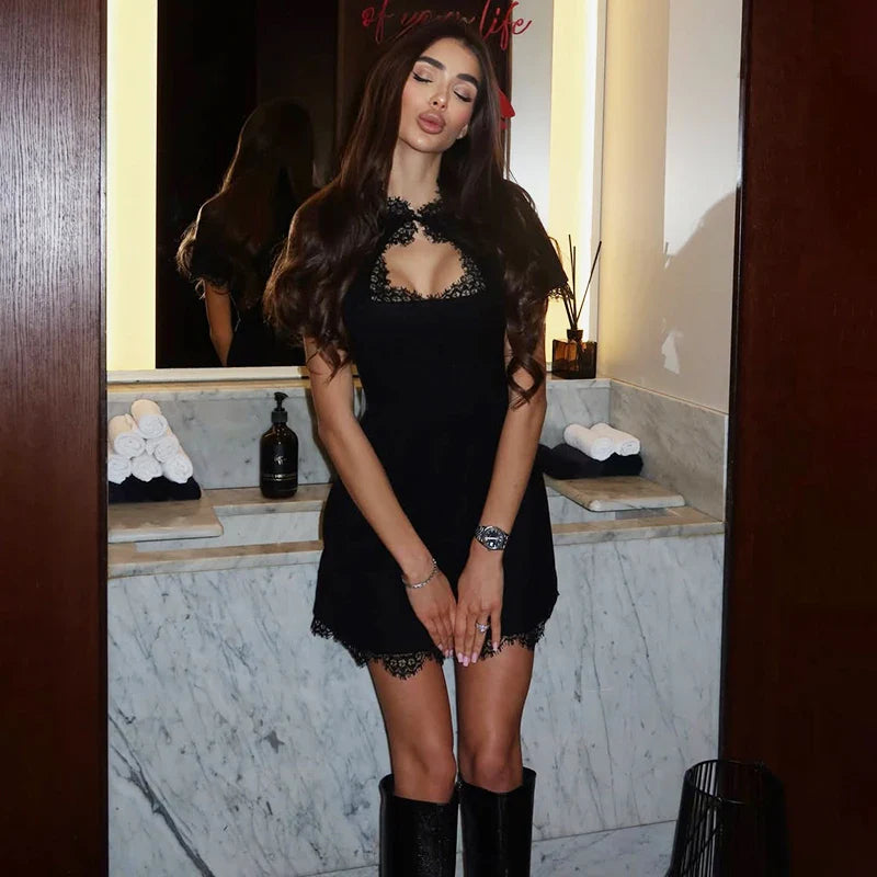 Hollow Lace High Waist Short Sleeve Mini Dress