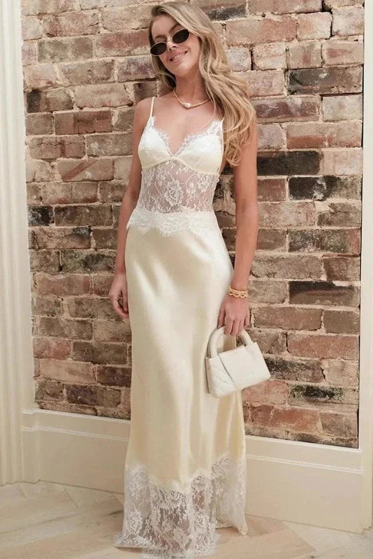 Hollow-Out Lace Deep V-Neck Backless Slim Straps Maxi Dress