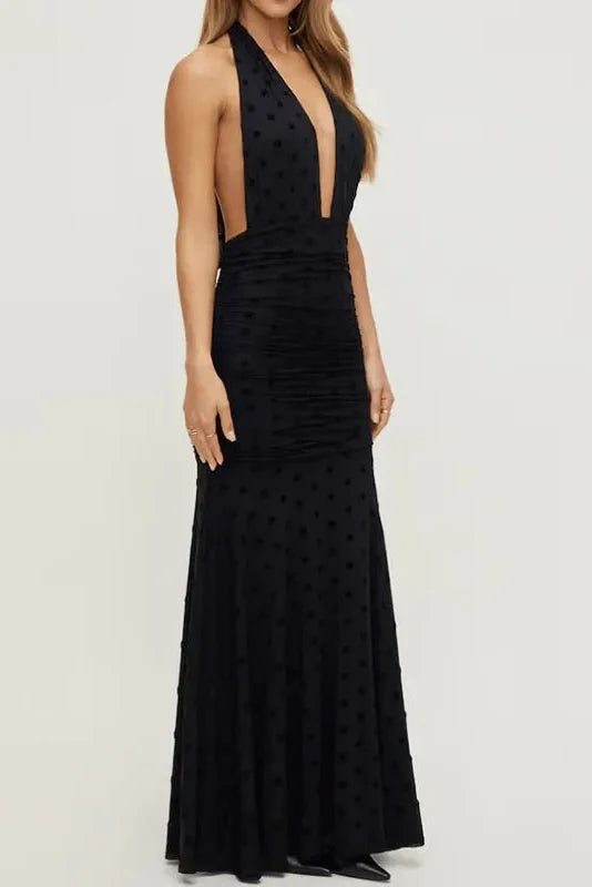 Hollow Out Backless Sleeveless Slim Deep V-Neck Printed Maxi Dress