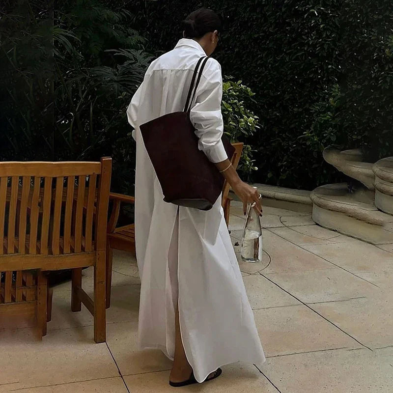Long Sleeve Loose Single Breasted Slit Maxi Dress