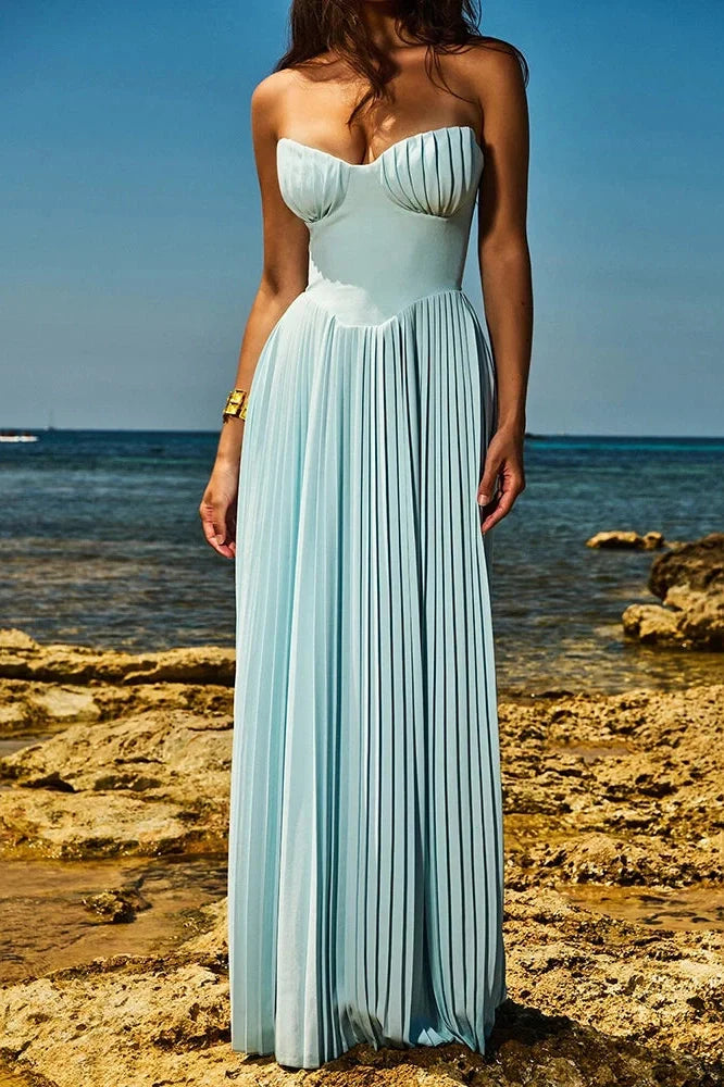 Off-shoulder Strapless Sleeveless Backless Pleated Maxi Dress