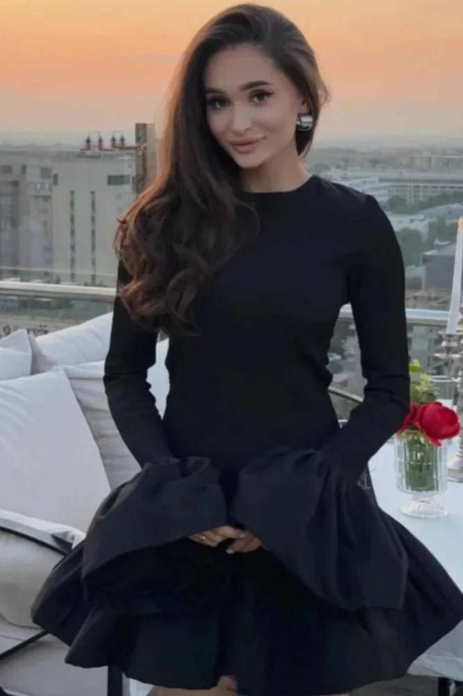 Long Flare Sleeve Patchwork O-Neck A-line Mini Dress