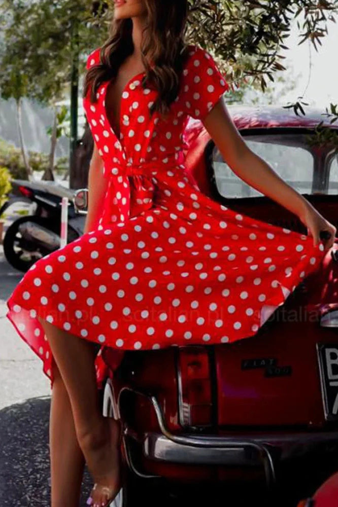Polka Dot Print V-Neck Button Lace-up Slim A-Line Midi Dress