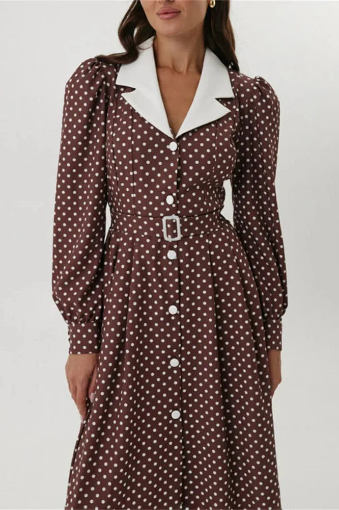 Printed High Waist Long Sleeve Slim Midi Dress