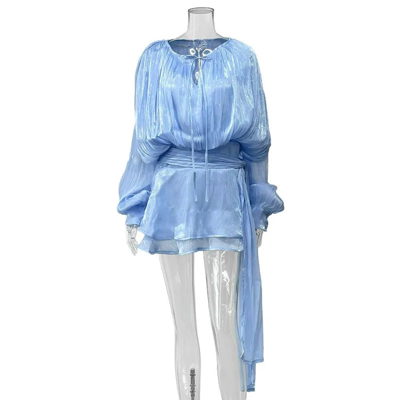 V Neck Patchwork Lace Up Long Sleeve Mini Dress