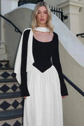 Patchwork Long Sleeve O Neck Pleated Maxi Dress