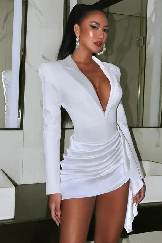Elegant Deep V-Neck Long-Sleeved High Waist Mini Dress