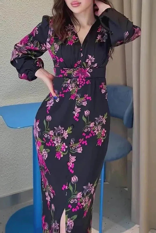 V-Neck Printed Long Sleeve Slim High Waist Maxi Dress