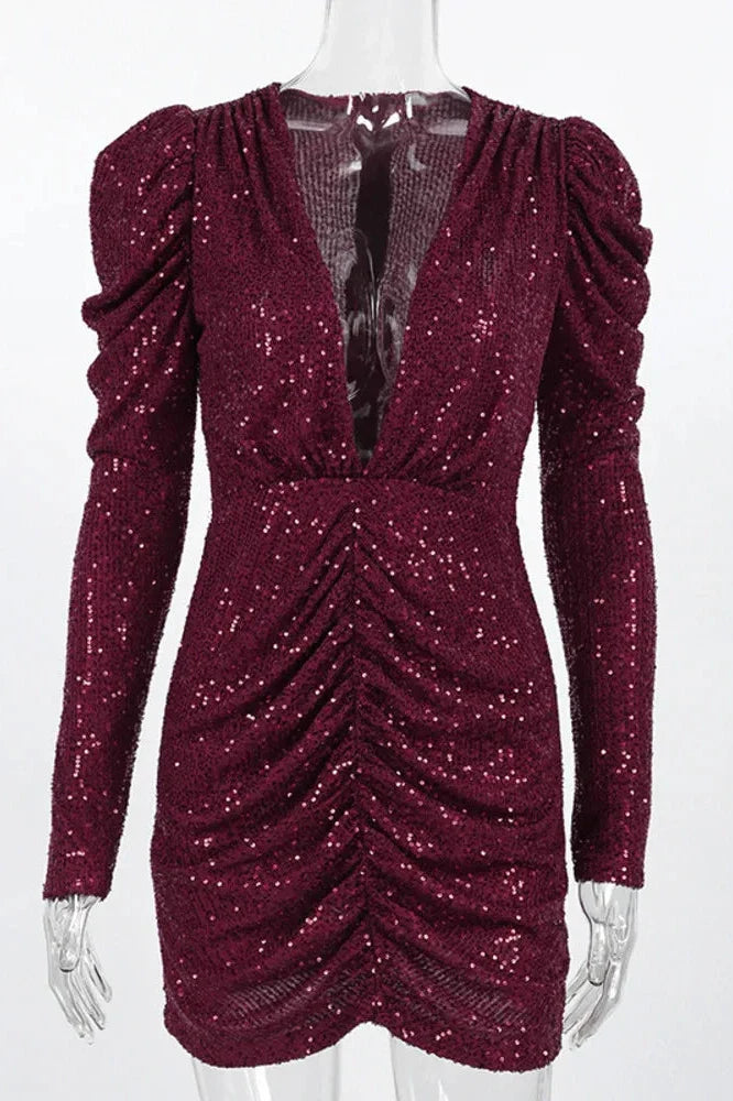Deep V Neck Long Sleeve High Waist Mini Dress