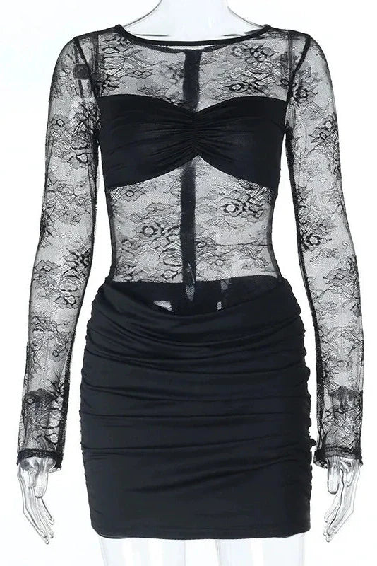 Lace Printed See-Through Long Sleeve Mini Dress