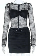 Lace Printed See-Through Long Sleeve Mini Dress