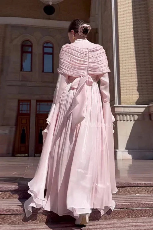Elegant O-Neck High Waist Pleated Irregular Maxi Dress