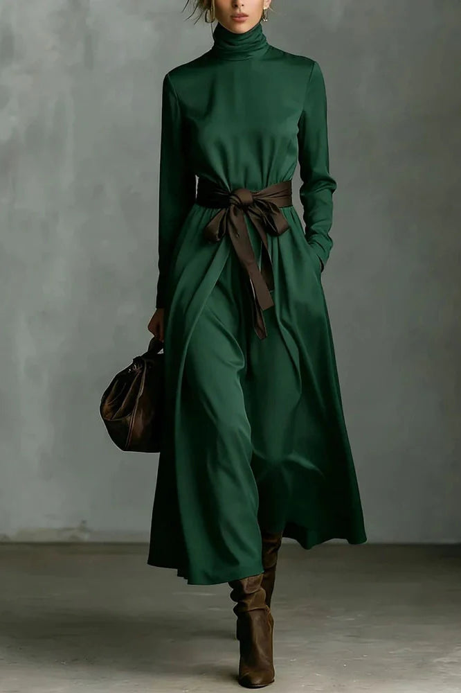 Elegant Lace Up Pleated Turtleneck Long Sleeve Maxi Dress