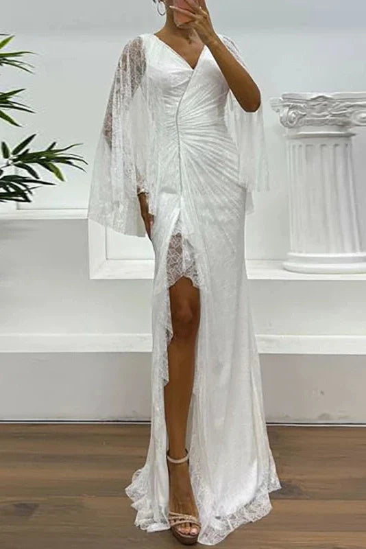 Hollow Lace Embroidery V-Neck Slim Split High Waist Maxi Dress