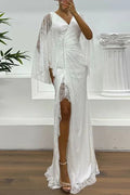 Hollow Lace Embroidery V-Neck Slim Split High Waist Maxi Dress