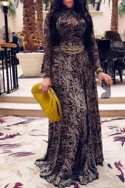 Long Sleeve Printed Slim Pleated High Waist Maxi Dress