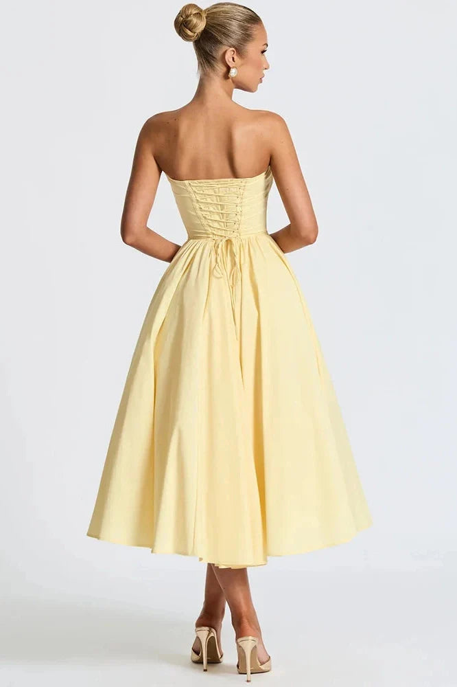 Off-Shoulder Strapless Sleeveless Backless High Waist A-line Midi Dress