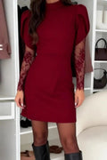 O-Neck Lace Long Sleeve Slim High Waist Pleated A-Line Mini Dress
