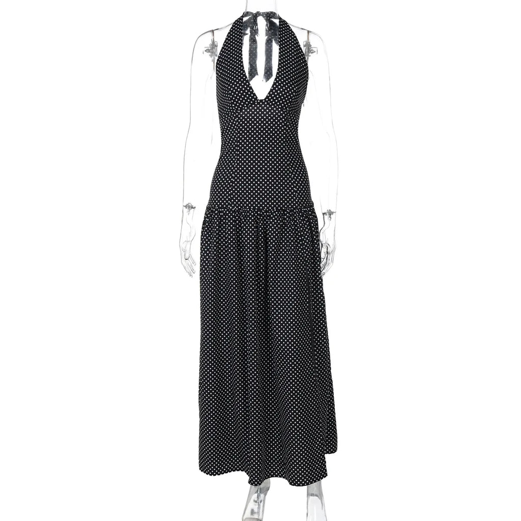 Polka Dot V Neck Lace Up Backless Slim Maxi Dress