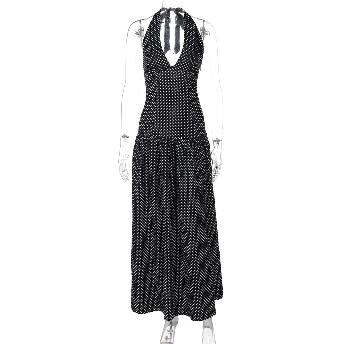 Polka Dot V Neck Lace Up Backless Slim Maxi Dress