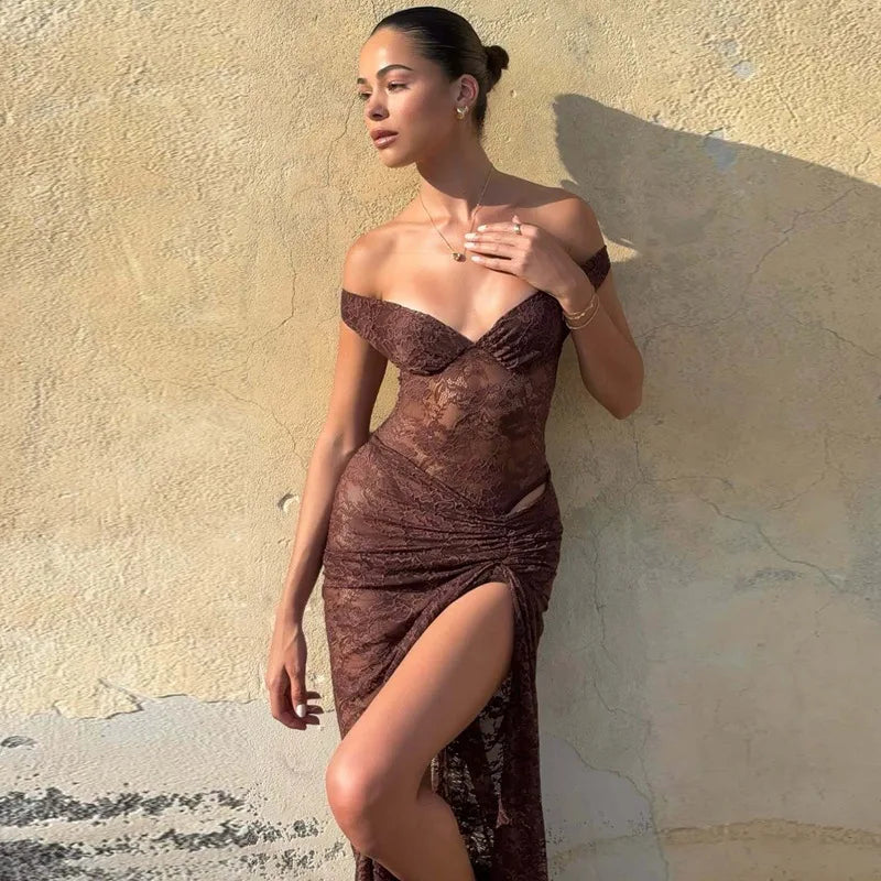 Lace Patchwork Backless See Through Maxi Dress