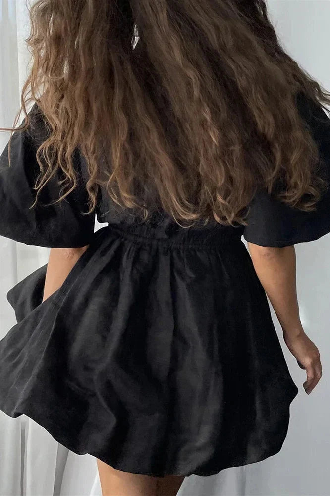 Lace-Up Short Sleeve V-Neck High Waist Mini Dress