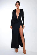 Deep V Neck Long Sleeve High Split Maxi Dress