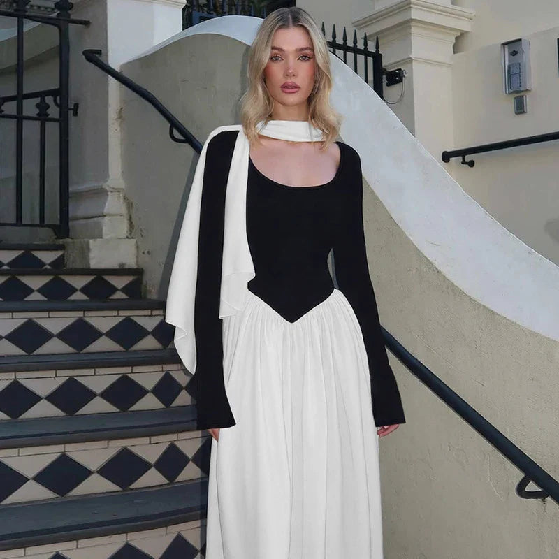 Patchwork Scarf Ribbon Round Neck A-Line Maxi Dress