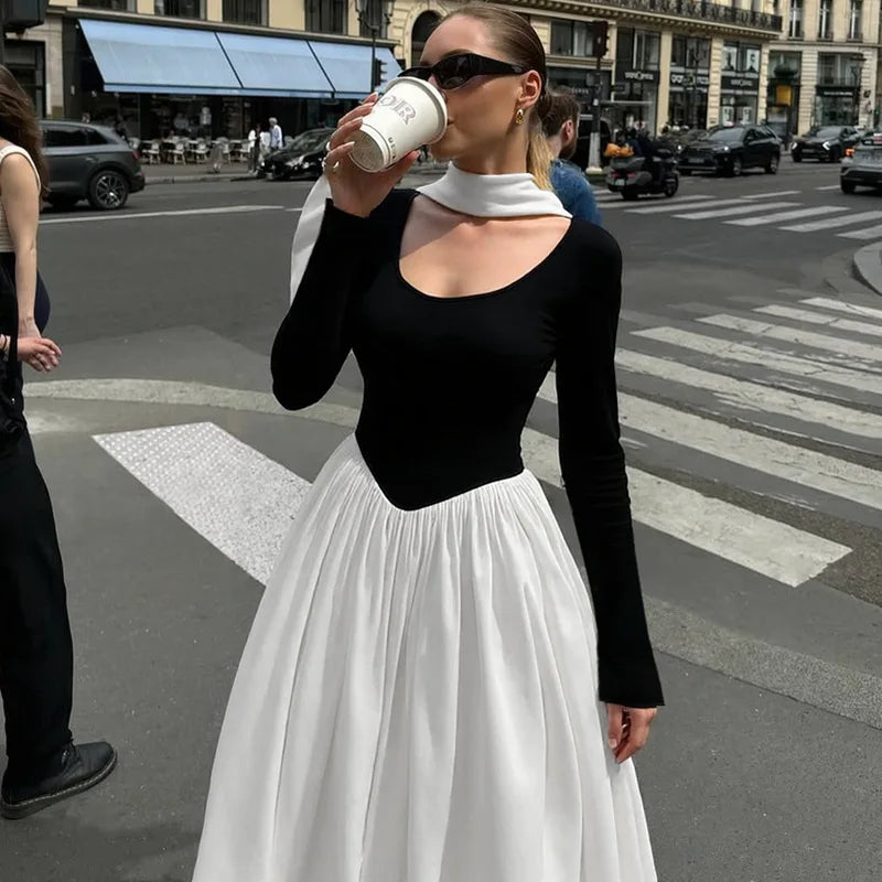 Patchwork Scarf Ribbon Round Neck A-Line Maxi Dress