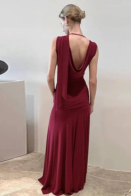 Elegant Backless Slim V-Neck Irregular Maxi Dress
