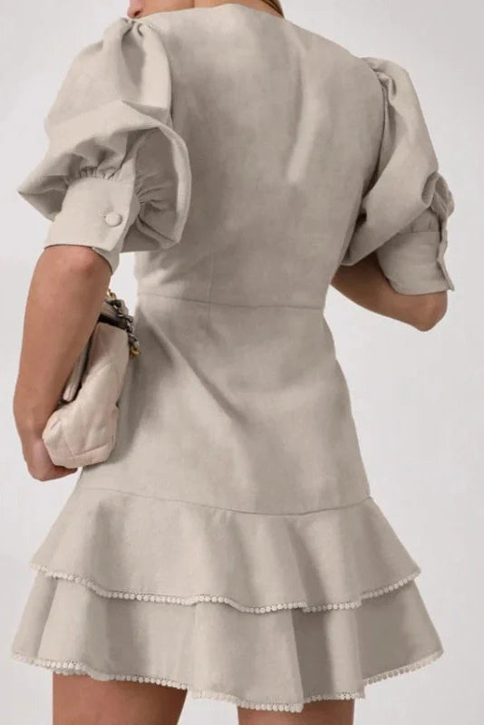 Lantern Sleeve A-Line V-Neck Single-Breasted High Waist Mini Dress