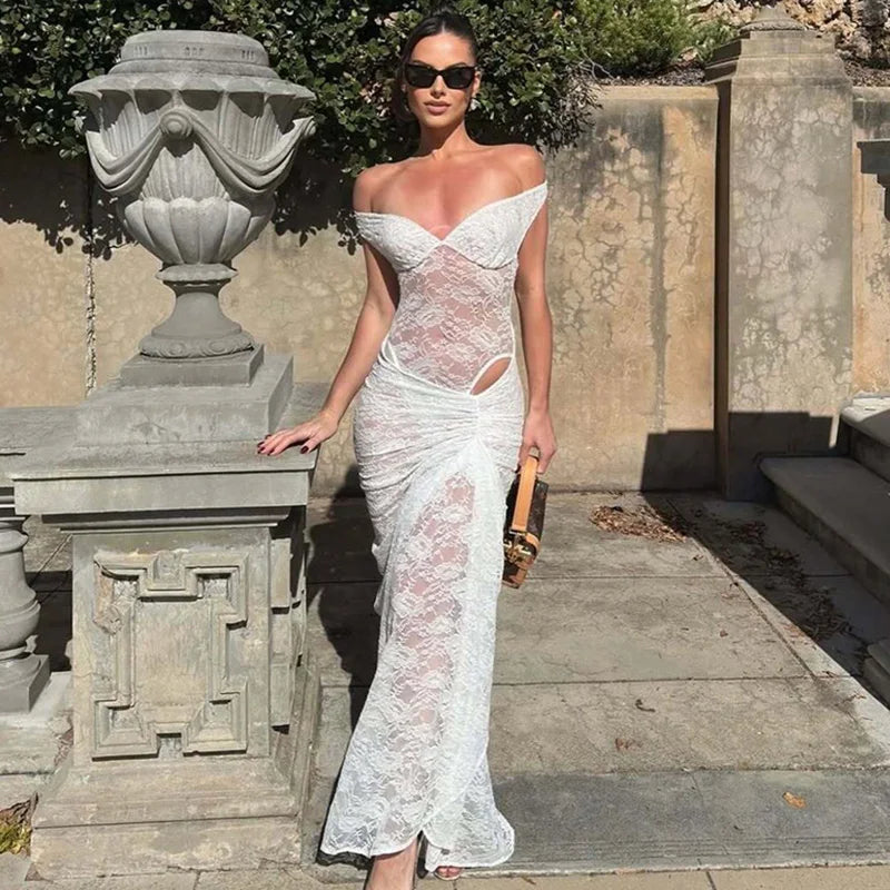 Lace Patchwork Backless See Through Maxi Dress
