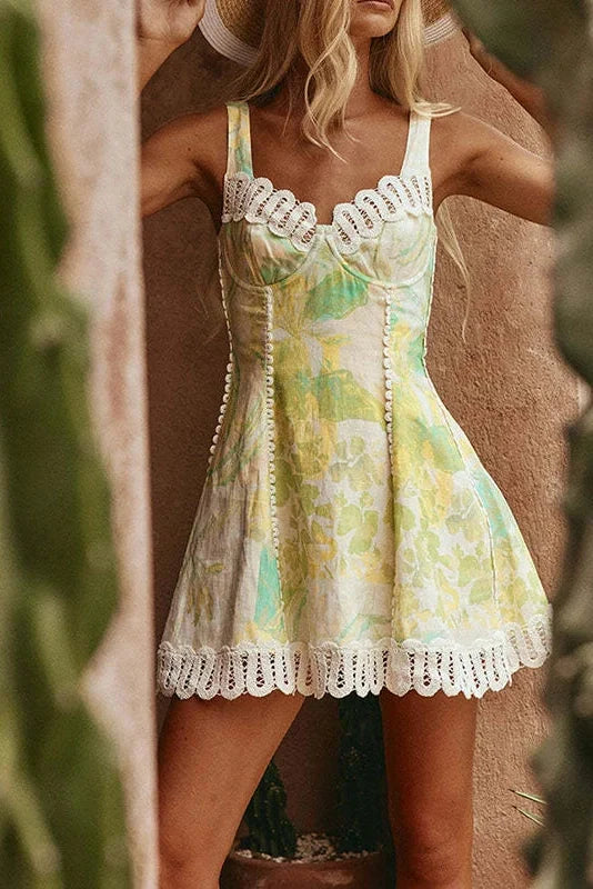 Printed Lace Sleeveless High Waist A-Line Pleated Mini Dress