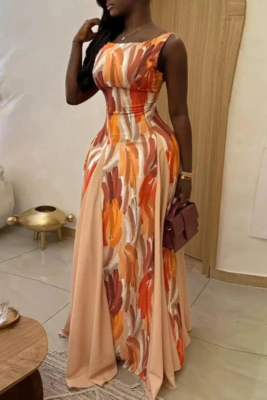 Printed High Waist Pleated Slim Sleeveless Maxi Dress