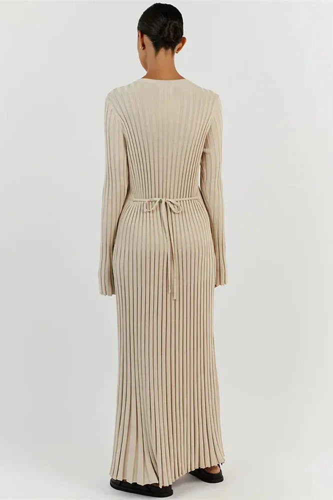 Lace-Up High Waist Patchwork Long Sleeve Maxi Dress
