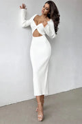 Hollow Out Long Sleeve Patchwork Slim Midi Dress