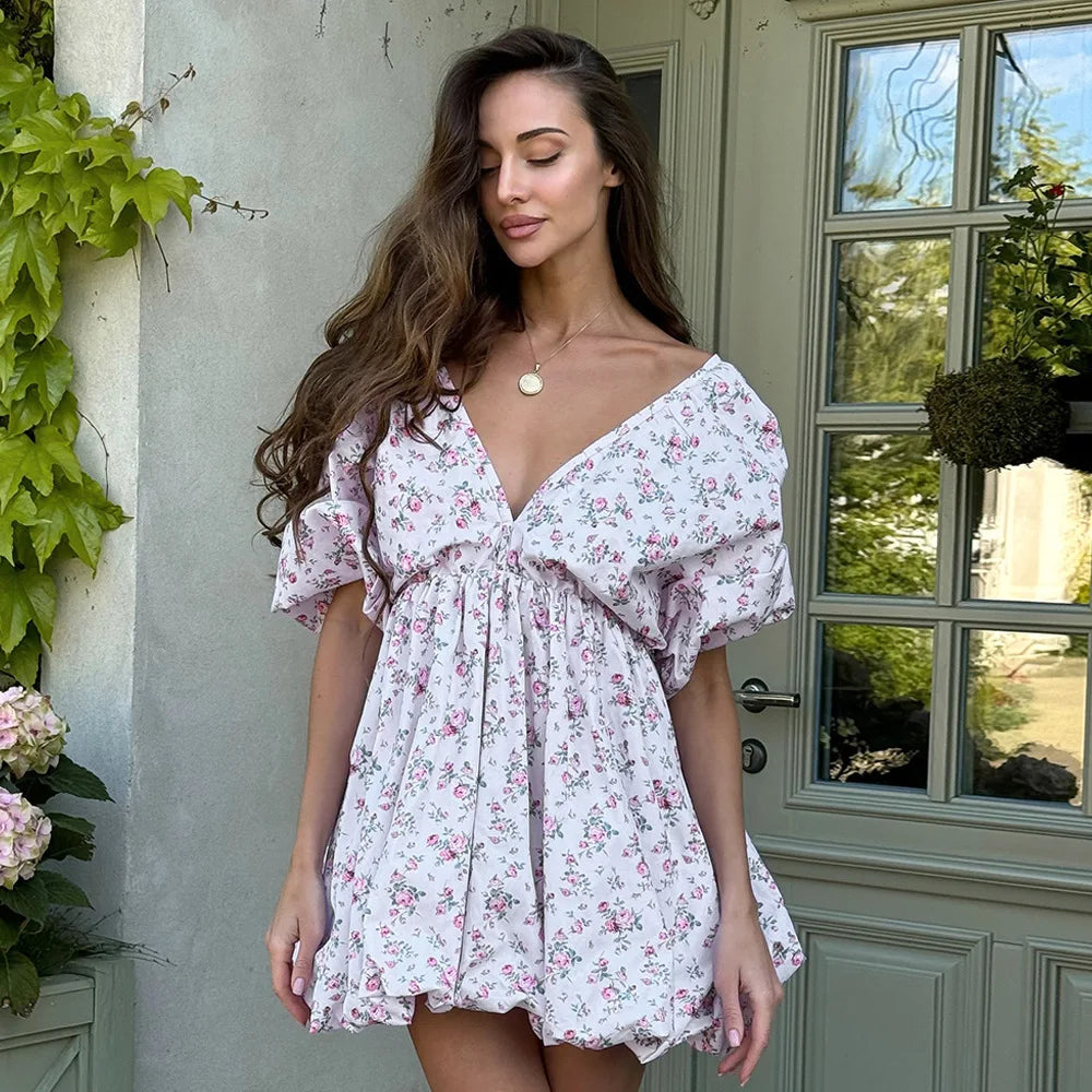 Printed Deep V-Neck Puff Sleeve Lace-Up Mini Dress