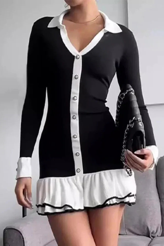 Long Sleeve V Neck Pearl Mini Dress